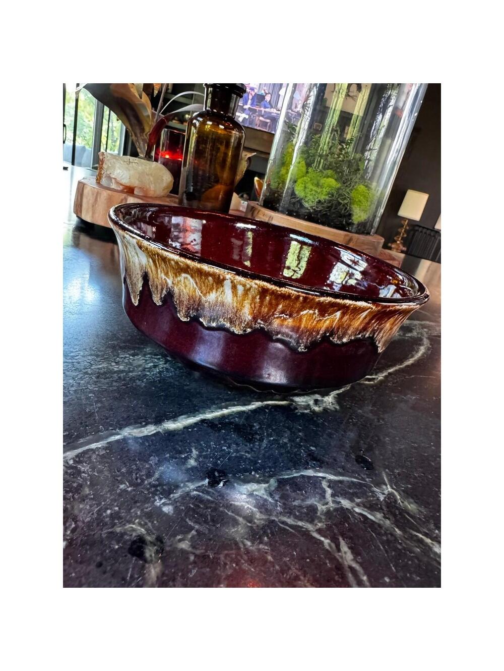 Vintage Roseville Ohio Pottery 9” Brown Drip Glaze Serving Bowl